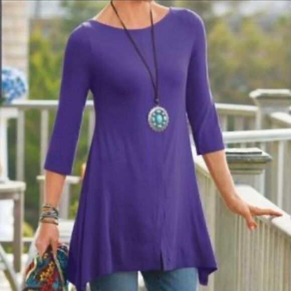 Soft Surroundings purple 3/4 sleeve shark bite tunic top size M - Picture 1 of 14